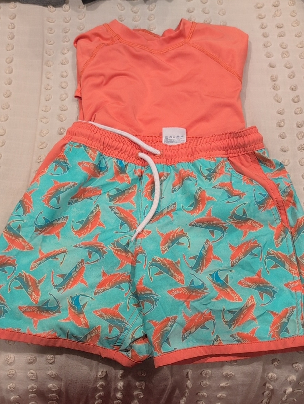 Lands' End Kids Coral Rash Guard & Aqua Shark Print Swim Shorts